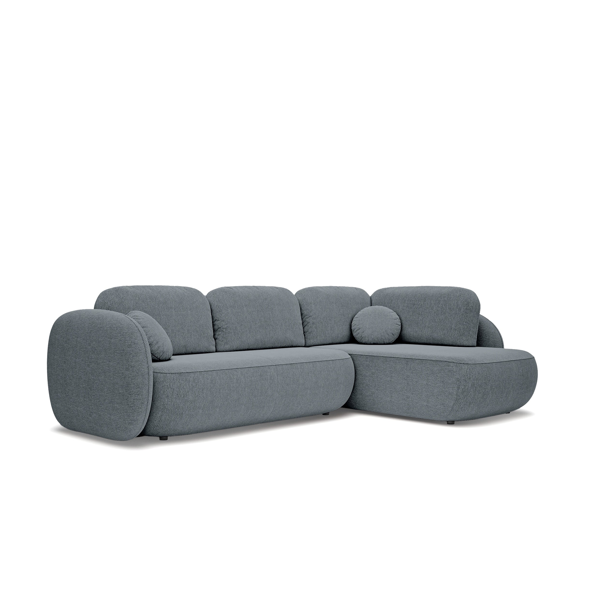 Narożnik z funkcją spania o powierzchni 123x250 w stylu organic modern - tkanina Aragon, zaokrąglona forma, dekoracyjne poduszki | OLEMO Prawostronny Ciemny Popiół (ARAGON 93)