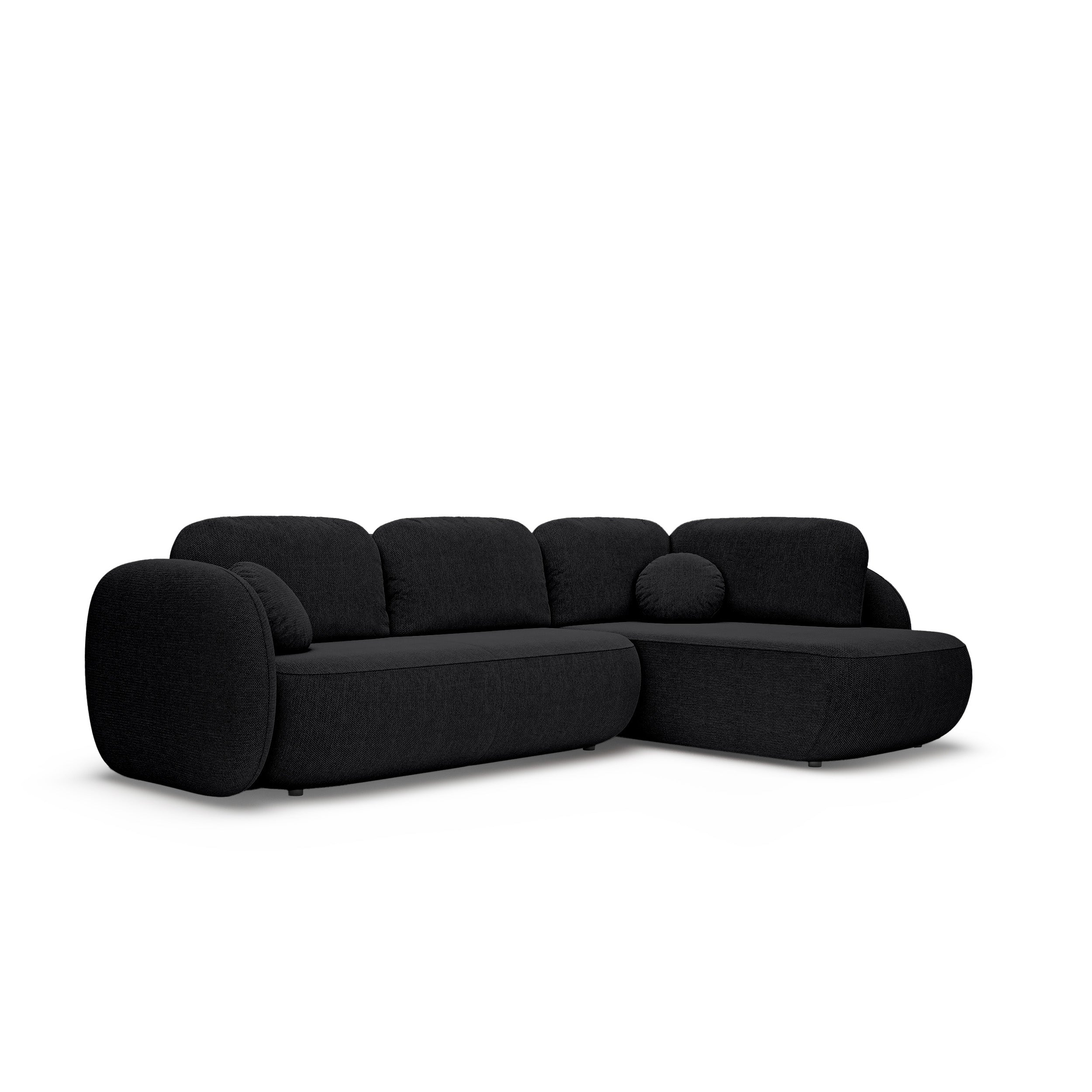 Narożnik z funkcją spania o powierzchni 123x250 w stylu organic modern - tkanina Aragon, zaokrąglona forma, dekoracyjne poduszki | OLEMO Prawostronny Krucza Głębia (ARAGON 99)