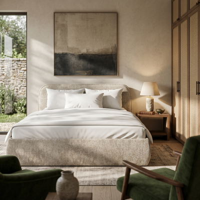 Upholstered bed with storage in a soft modern style | Eterial