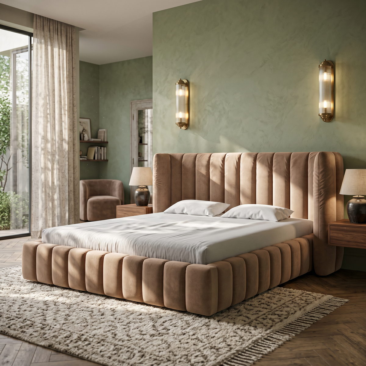 Upholstered bed with vertical tufting and storage in a modern soft style | Gianda