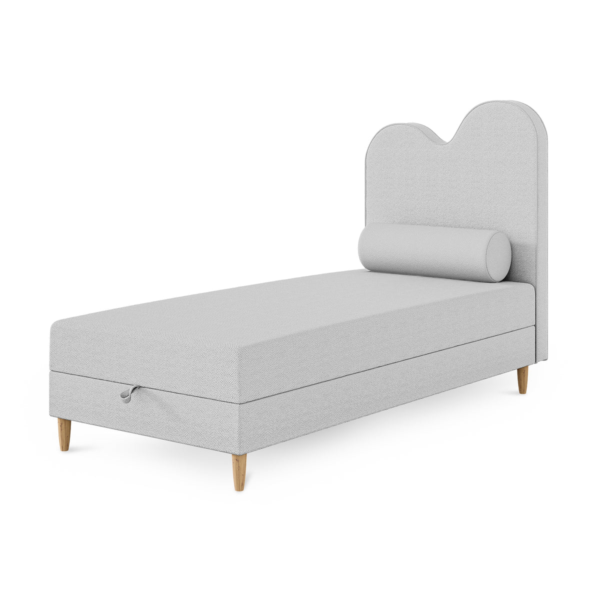 Kids continental bed with a wavy headboard and storage in a soft modern style | Mellia