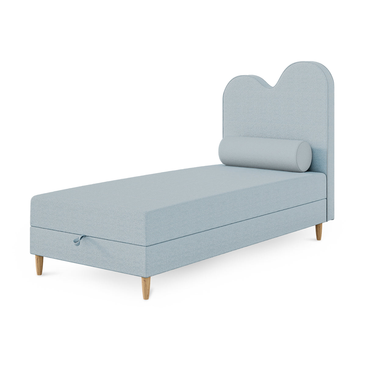 Kids continental bed with a wavy headboard and storage in a soft modern style | Mellia