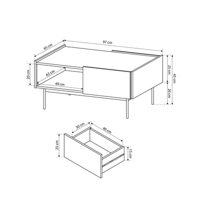 Coffee table 97x45 cm in modern style with drawer and shelf | Bema