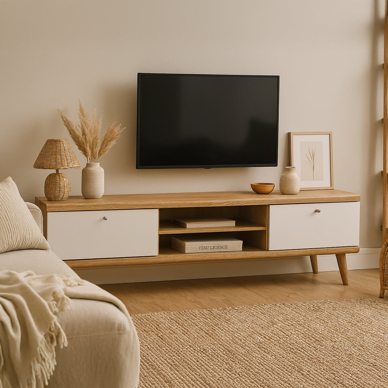Szafka RTV 160x50 w stylu skandynawskim - dąb riviera, drewniane nóżki, fronty MDF | Lato