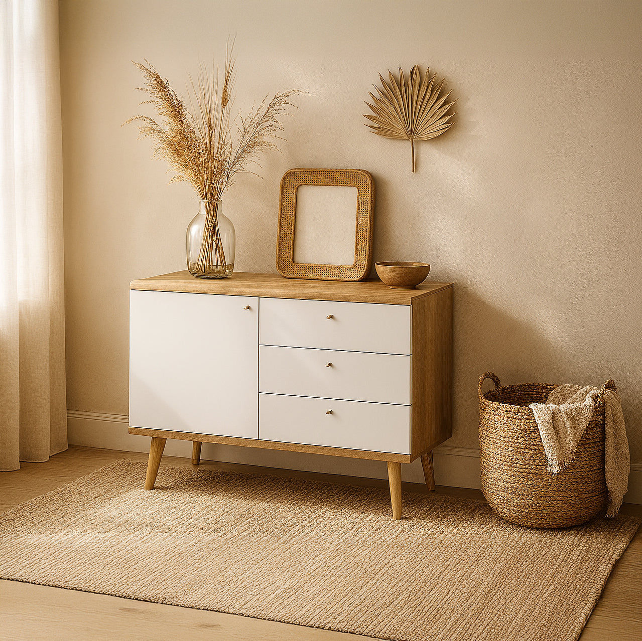 Komoda 107x83 w stylu skandynawskim - metalowe gałki, drewniane skośne nogi, kompaktowa forma | Lato