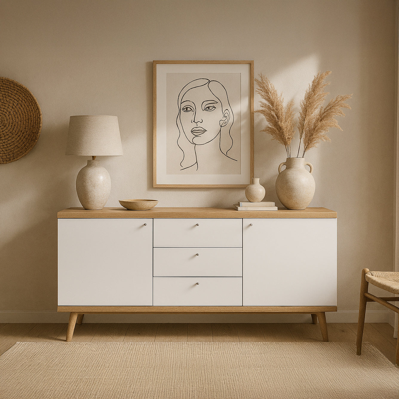 Komoda 160x83 w stylu skandynawskim - drewniane skośne nogi, metalowe uchwyty, szeroka forma | Lato