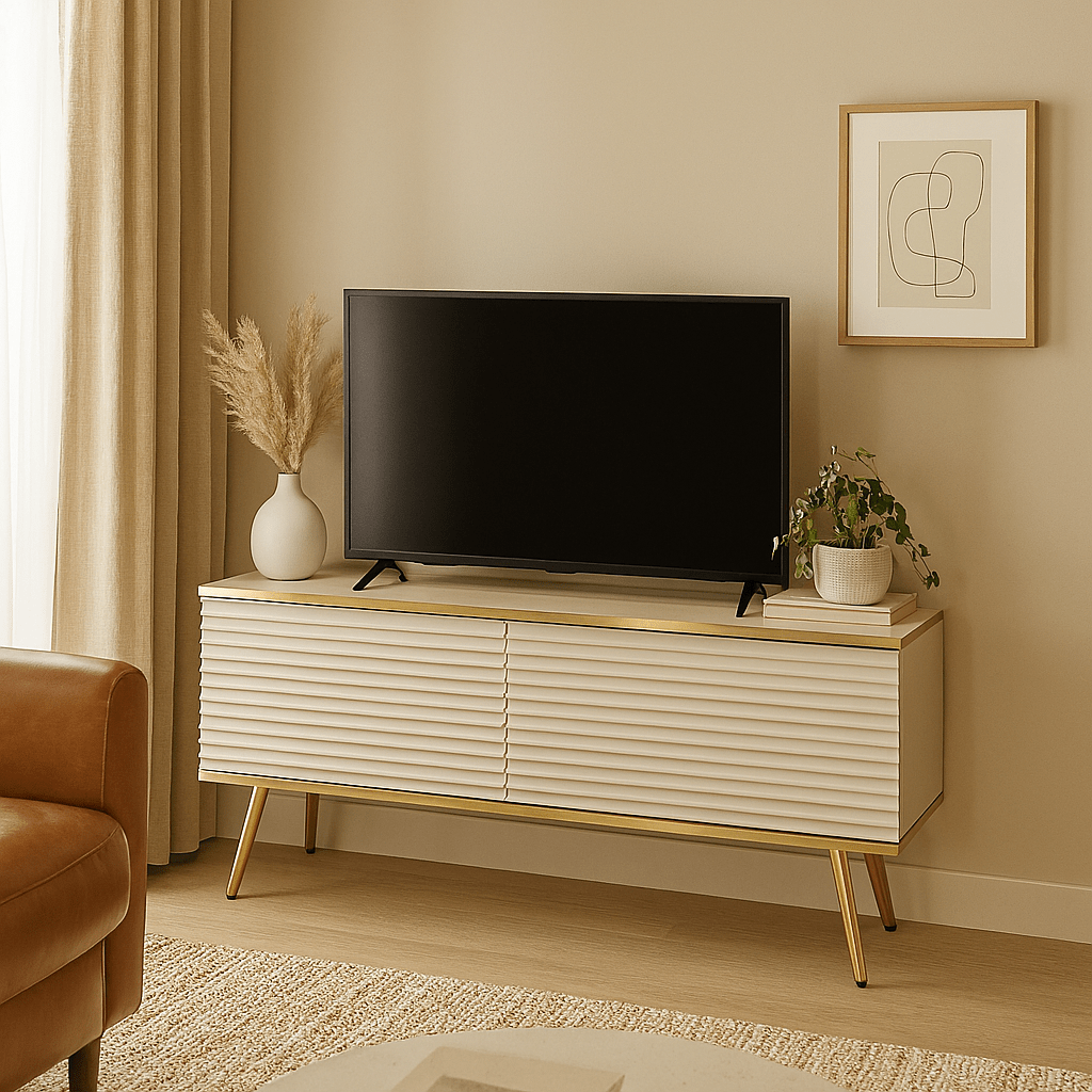 Szafka RTV 135x30 w stylu nowoczesnym - ryflowany front MDF, złote akcenty | Meva