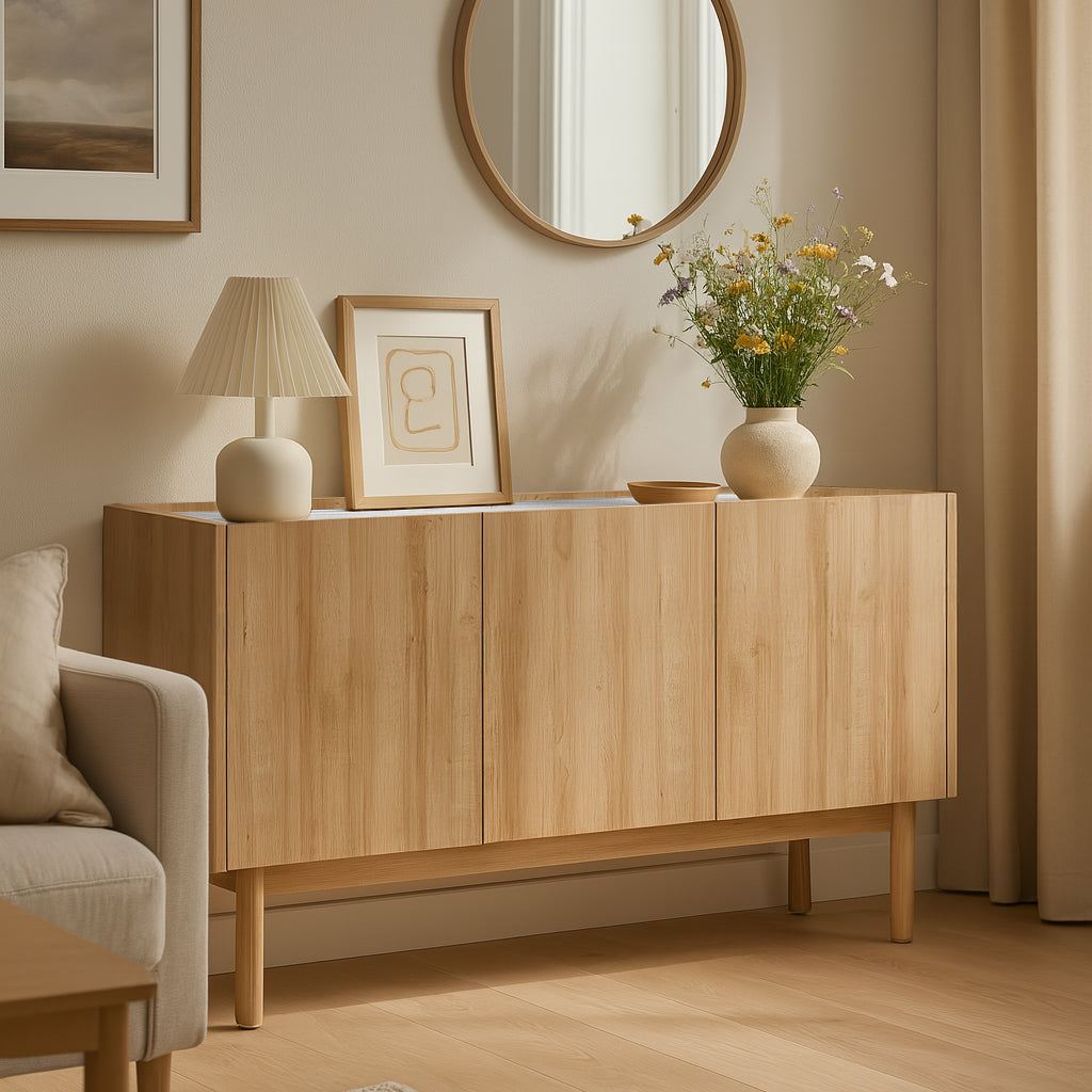 Komoda 144x68 w stylu boho - dąb riviera złoty, blat marmur bianco, drewniane nogi | Anawa
