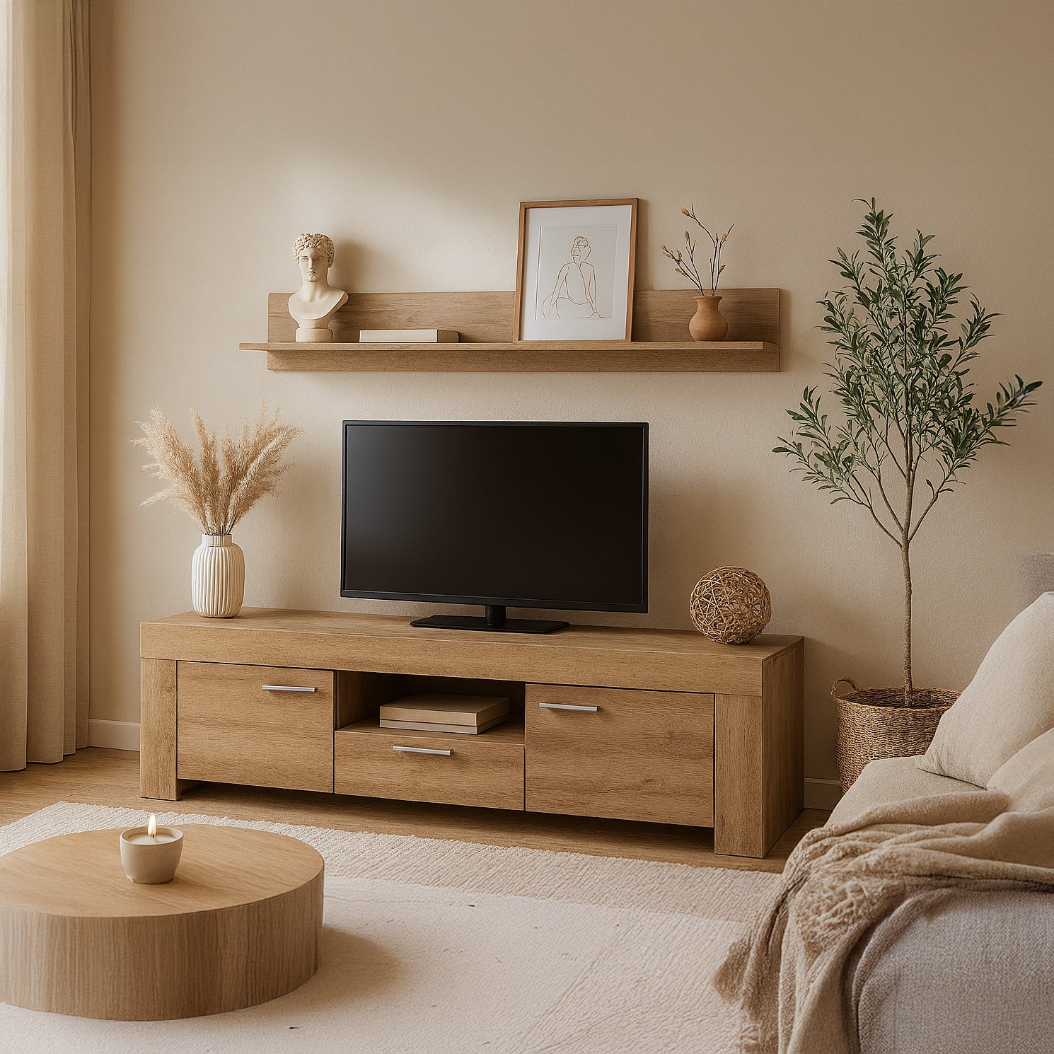 Zestaw RTV z półką 155x50+155x20 w stylu nowoczesnym - dąb riviera, otwory na kable | Gorky
