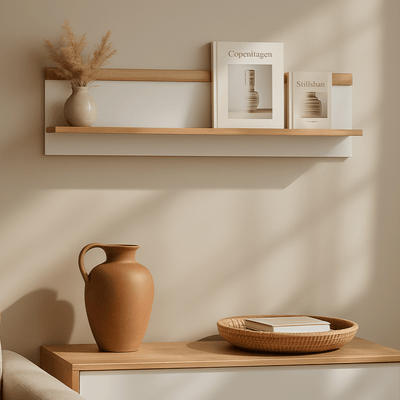 Półka ścienna 107 × 20 cm w stylu skandynawskim – dąb riviera i biel, minimalistyczna forma | Lato