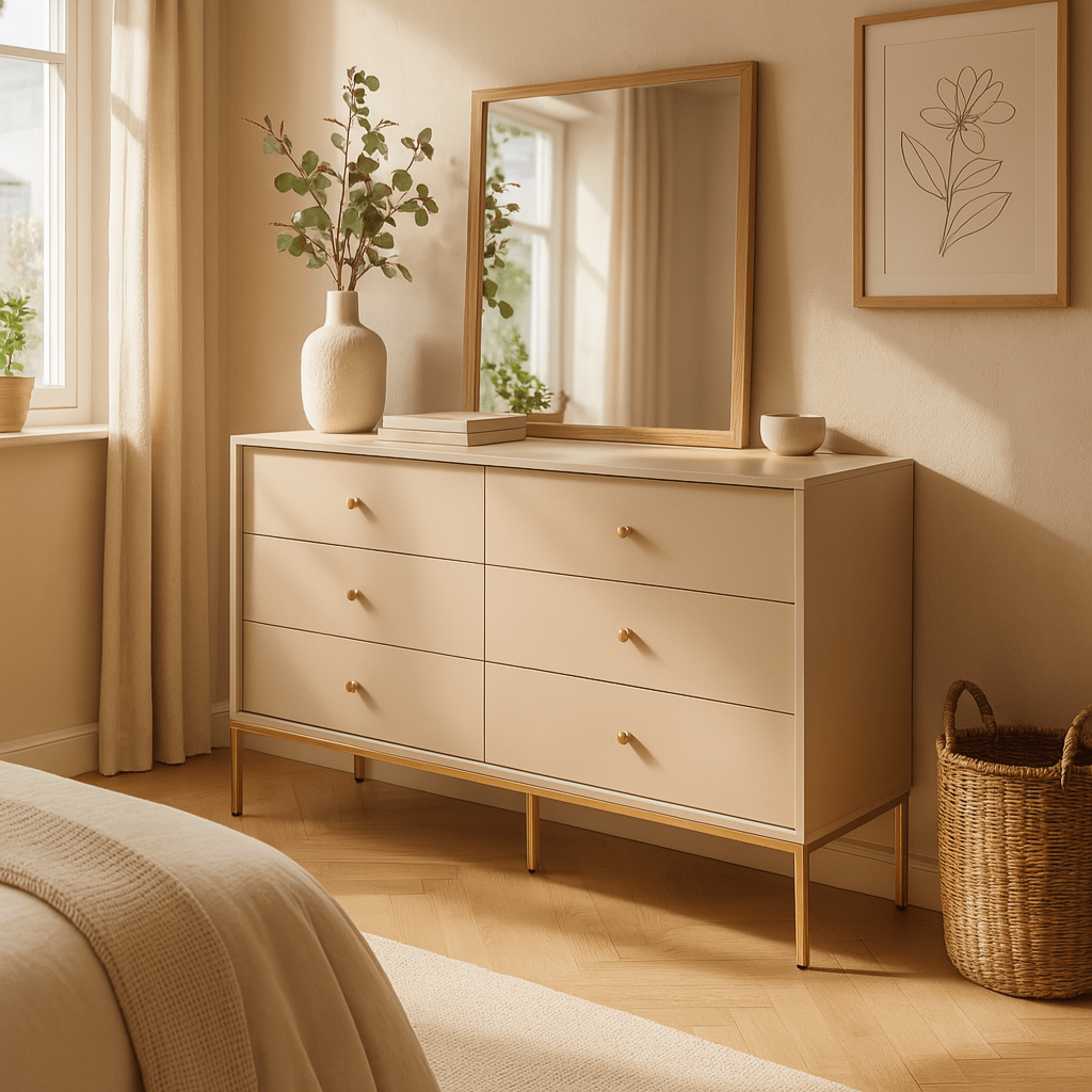 Komoda 154x89 w stylu vintage - pojemna zabudowa z szufladami, złote uchwyty, metalowe nogi | Kviat