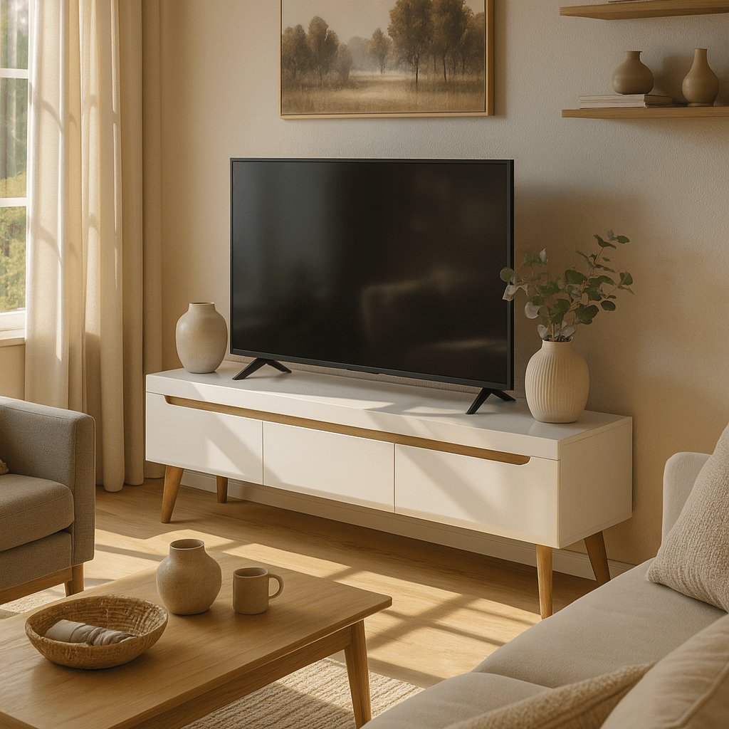 Szafka RTV pod telewizor 160x50 w stylu skandynawskim - biały połysk, dąb Artisan/Riviera, trzy szuflady | Trava