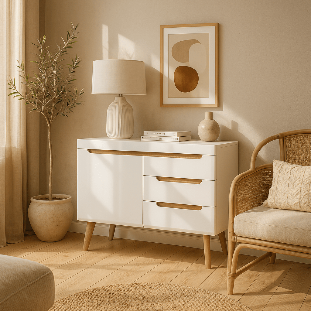 Komoda 107x83 w stylu skandynawskim - frezowane uchwyty, drewniane skośne nogi, minimalistyczna forma | Trava
