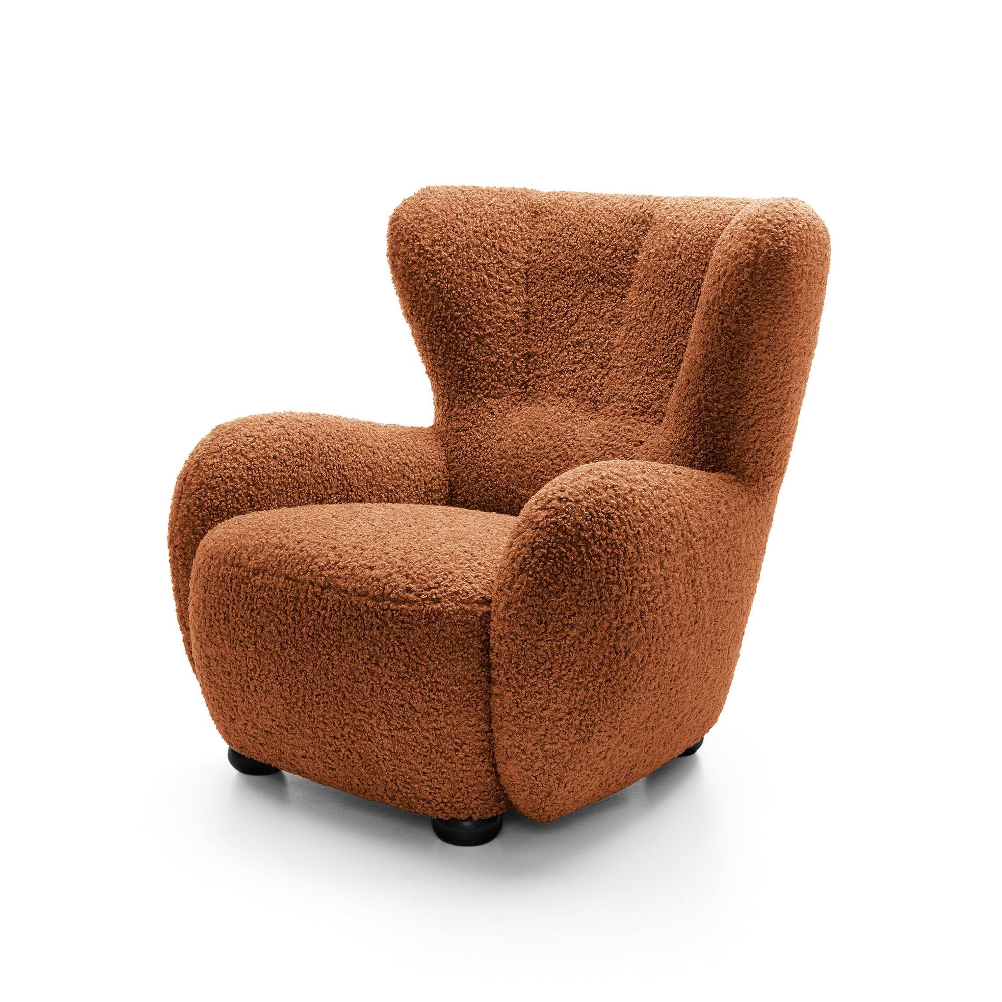Fotel 88 cm do relaksu w stylu skandynawskim – tkanina ROLF bouclé, drewniane nogi | Tedi Mahoniowy Mat (ROLF 10) Czarny