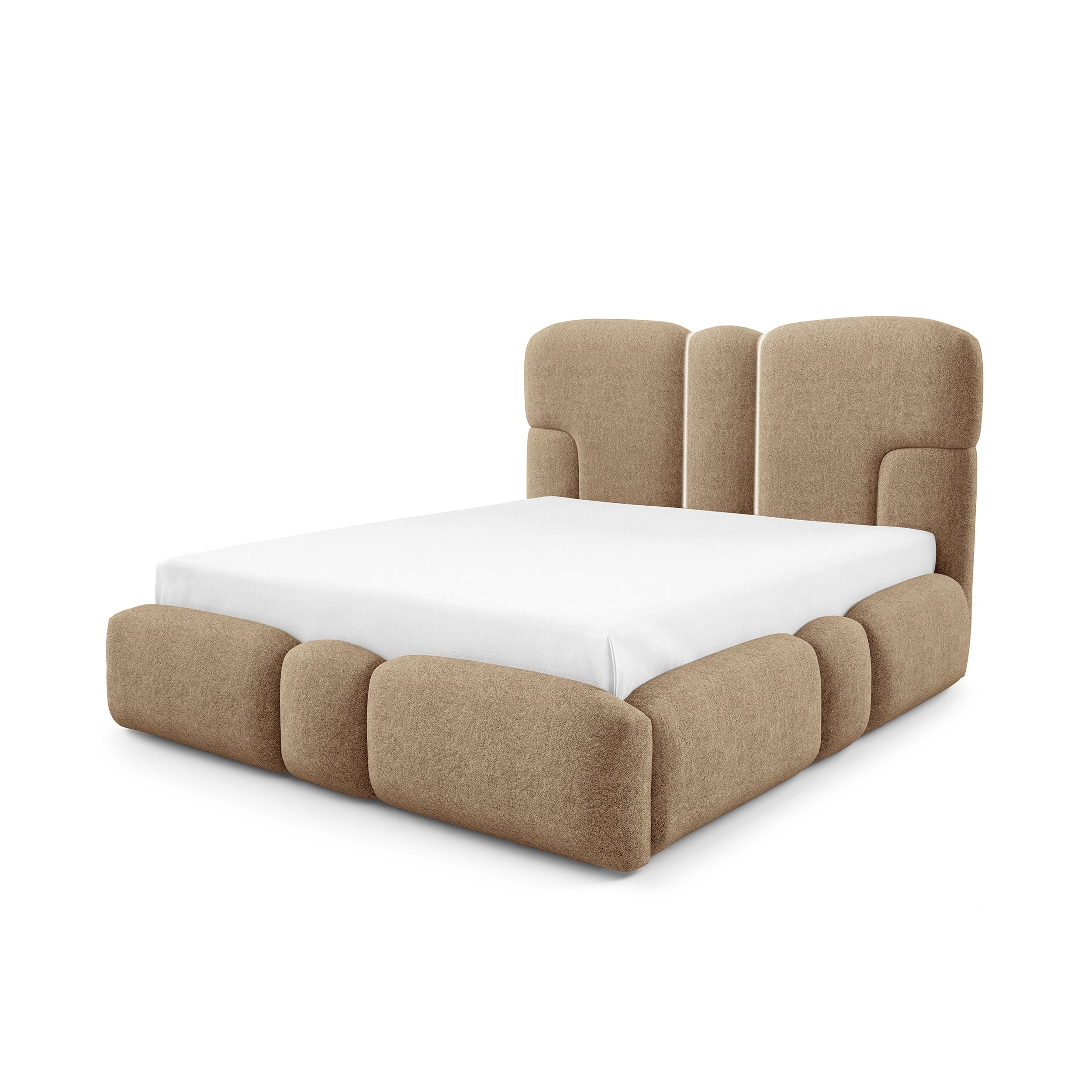 Łóżko tapicerowane z pojemnikiem w różnych rozmiarach w stylu soft - tkanina DOHA, LED, wysoki zagłówek | PUFFRA Tak Beżowy Kwarc (DOHA 04)