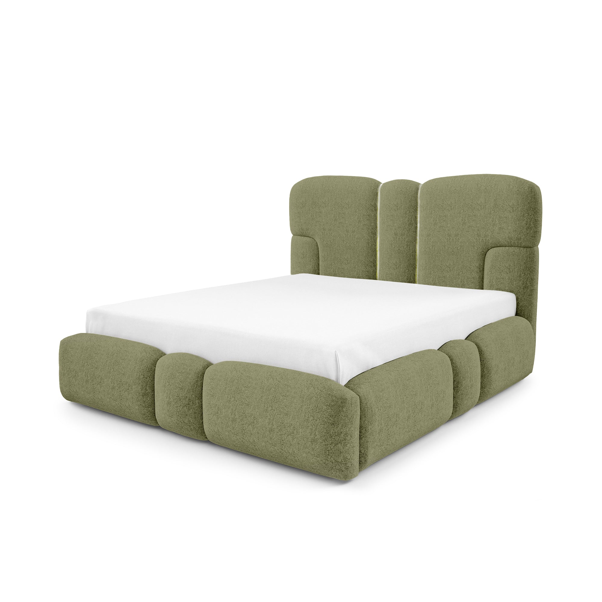Łóżko tapicerowane z pojemnikiem w różnych rozmiarach w stylu soft - tkanina DOHA, LED, wysoki zagłówek | PUFFRA Tak Wyblakła Oliwka (DOHA 08)