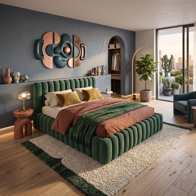 Upholstered bed with storage in a modern soft style, Doha fabric | Pastel