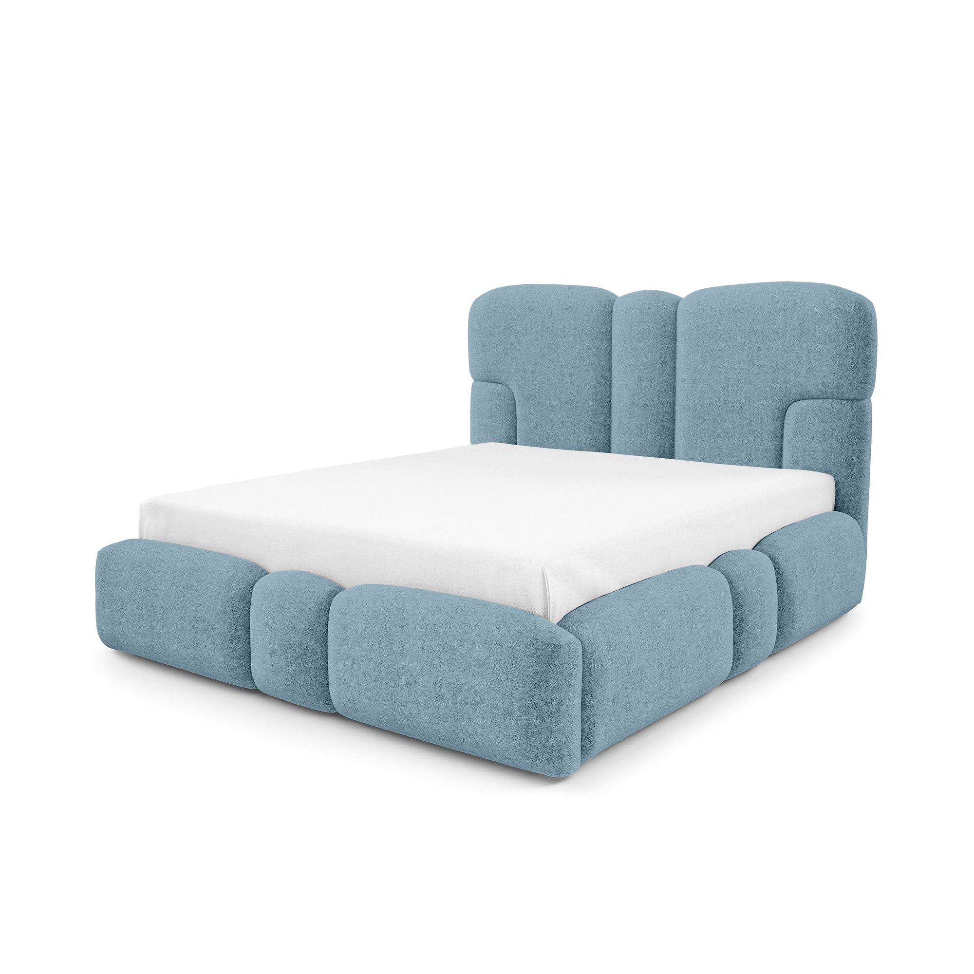 Łóżko tapicerowane z pojemnikiem w różnych rozmiarach w stylu soft - tkanina DOHA, LED, wysoki zagłówek | PUFFRA Nie Chłodna Laguna (DOHA 12)