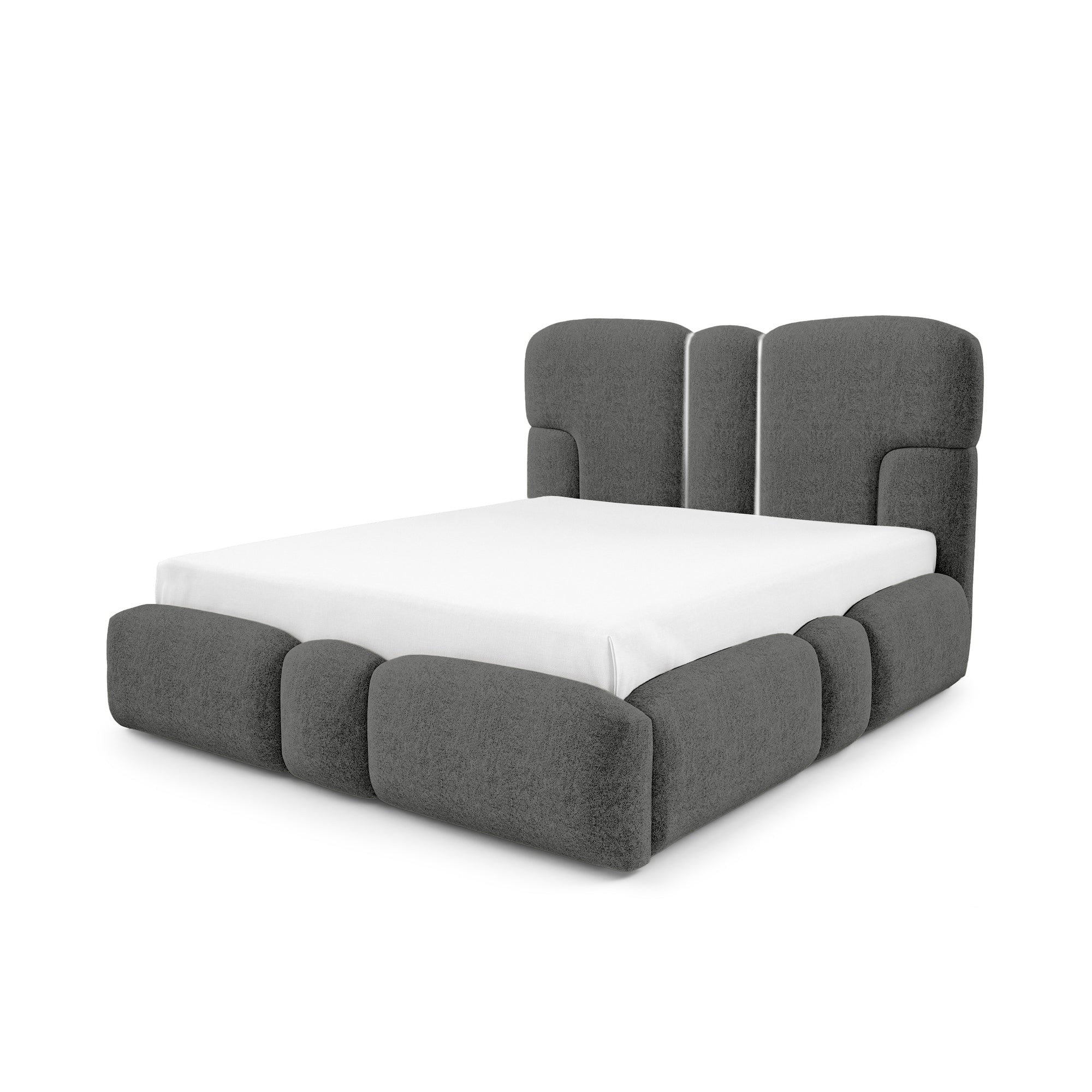 Łóżko tapicerowane z pojemnikiem w różnych rozmiarach w stylu soft - tkanina DOHA, LED, wysoki zagłówek | PUFFRA Tak Ciemny Bazalt (DOHA 20)