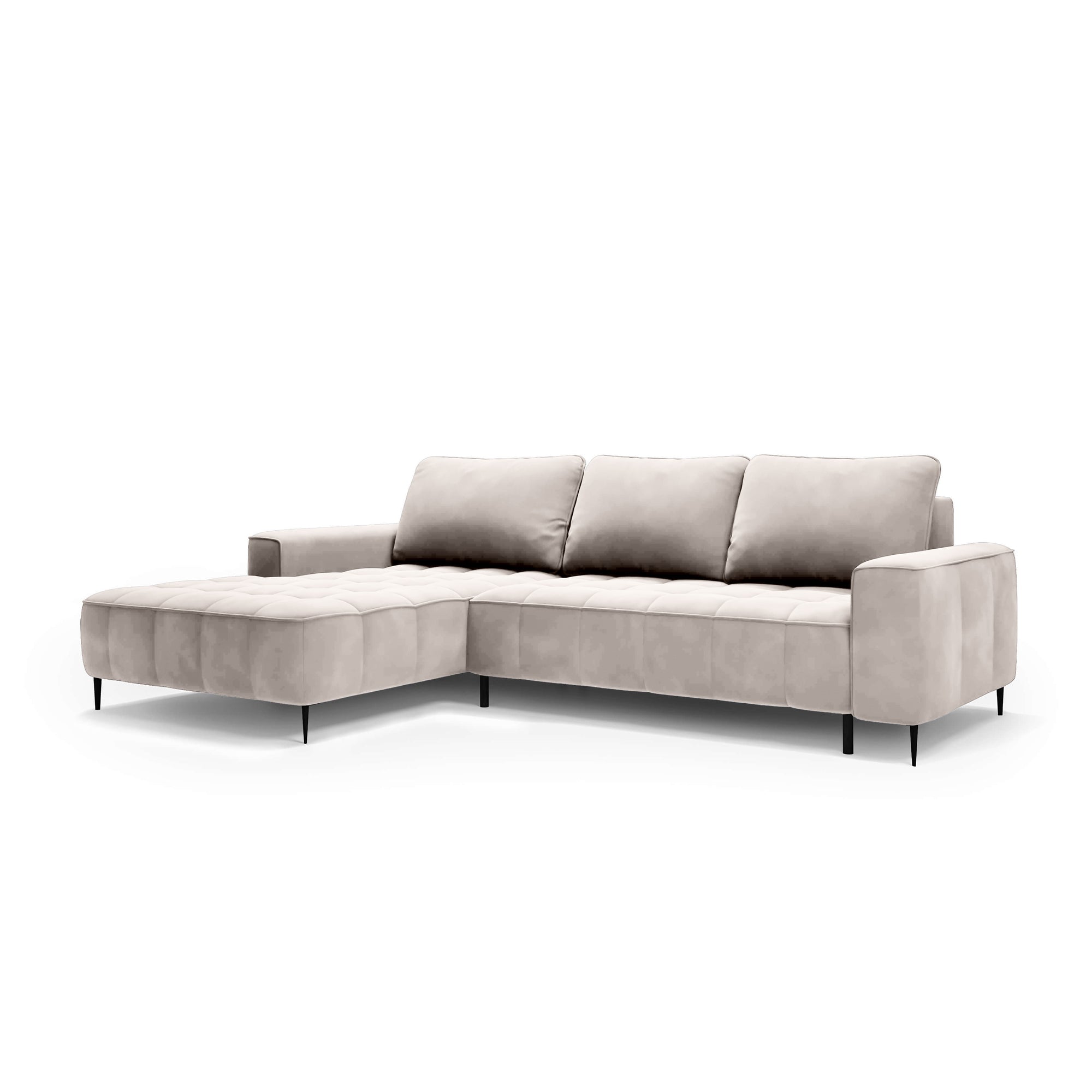 Narożnik z pojemnikiem na pościel 280 cm w stylu eleganckim – pianka HR, pikowane siedzisko, wysokie nóżki | Francessco Lewostronna Porcelanowy Obłok (SALVADOR 01)