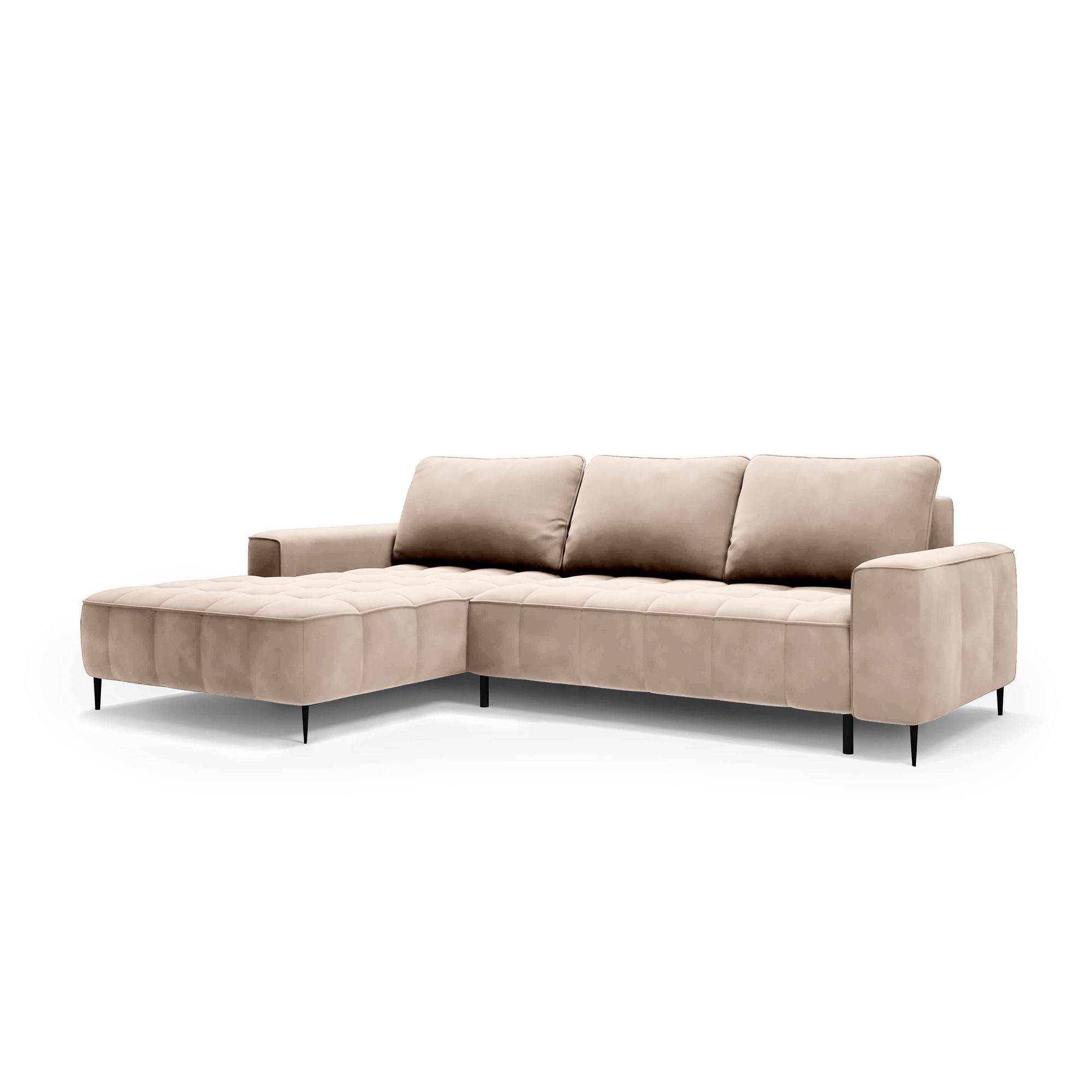 Narożnik z pojemnikiem na pościel 280 cm w stylu eleganckim – pianka HR, pikowane siedzisko, wysokie nóżki | Francessco