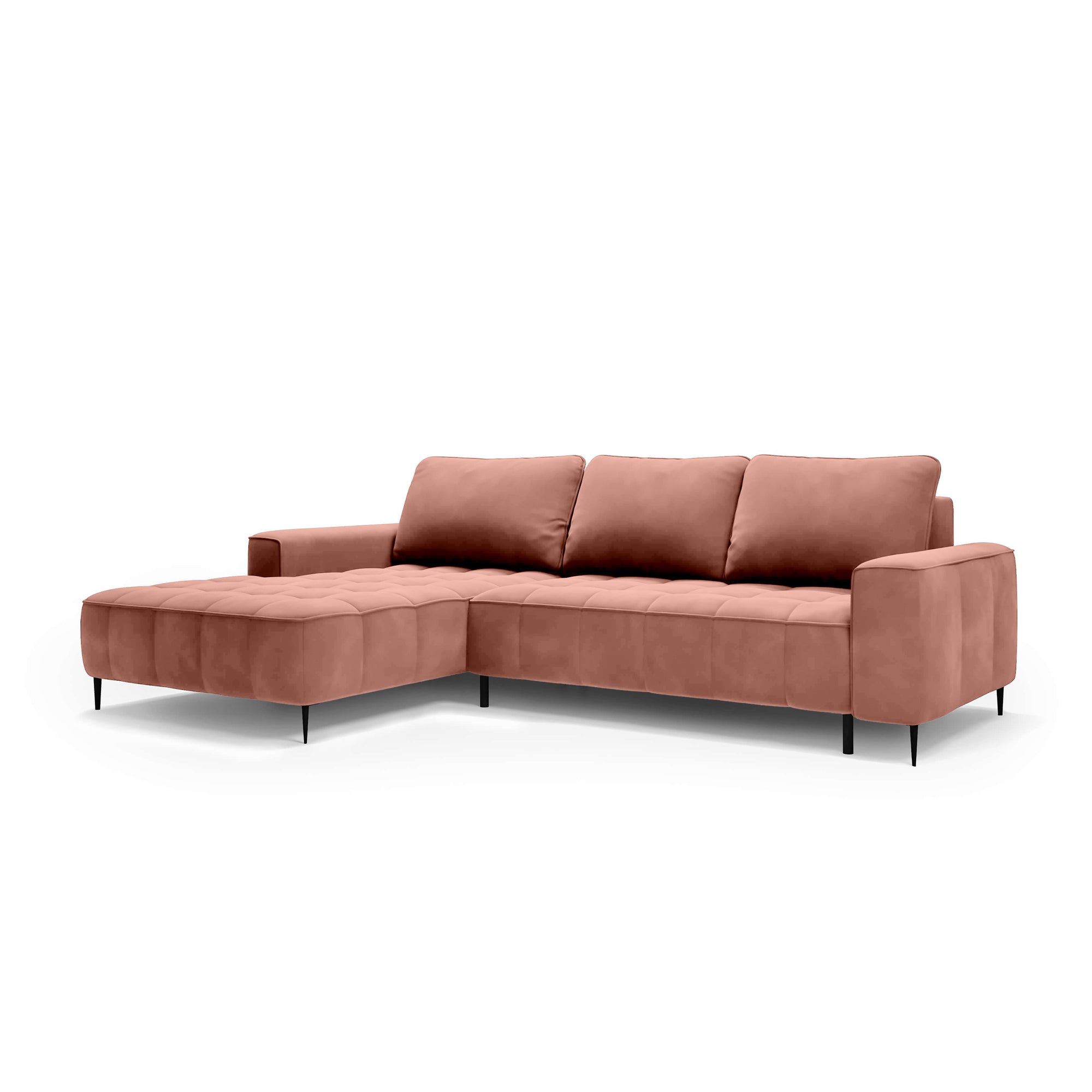 Narożnik z pojemnikiem na pościel 280 cm w stylu eleganckim – pianka HR, pikowane siedzisko, wysokie nóżki | Francessco Lewostronna Różany Puder (SALVADOR 11)