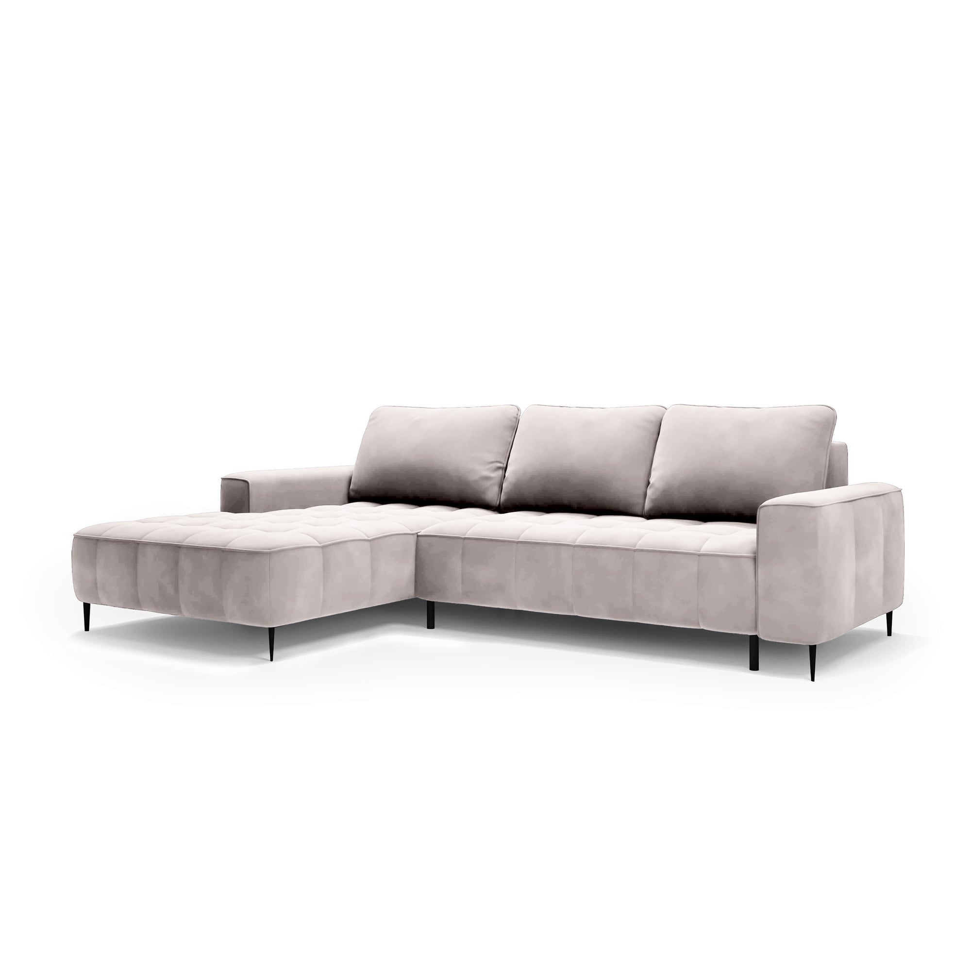 Narożnik z pojemnikiem na pościel 280 cm w stylu eleganckim – pianka HR, pikowane siedzisko, wysokie nóżki | Francessco