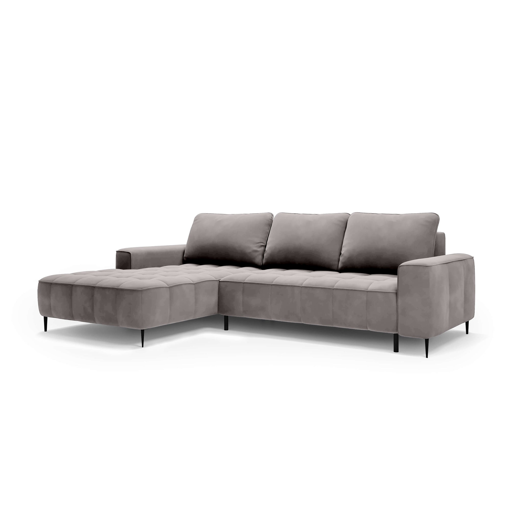 Narożnik z pojemnikiem na pościel 280 cm w stylu eleganckim – pianka HR, pikowane siedzisko, wysokie nóżki | Francessco Lewostronna Popielisty Beż (SALVADOR 17)