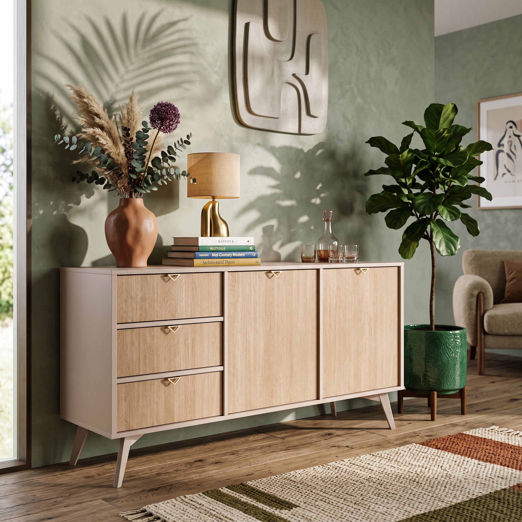 Komoda 158x80 z szufladami i szafkami w stylu japandi | Mandala