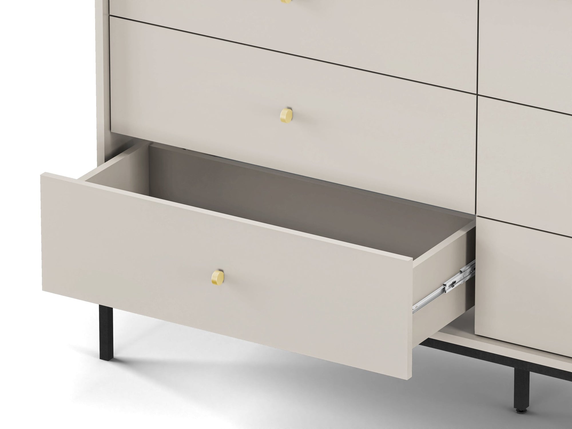 Komoda 154x89 w stylu vintage - pojemna zabudowa z szufladami, złote uchwyty, metalowe nogi | Kviat