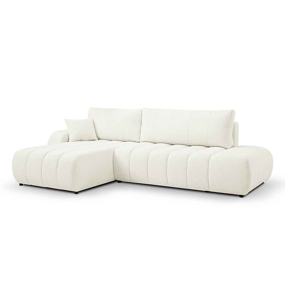 Narożnik z funkcją spania DL 276 cm w stylu nowoczesnym – tkanina Lambi, dekoracyjne przeszycia, pojemnik | BALOA Kość Słoniowa (LAMBI 01)