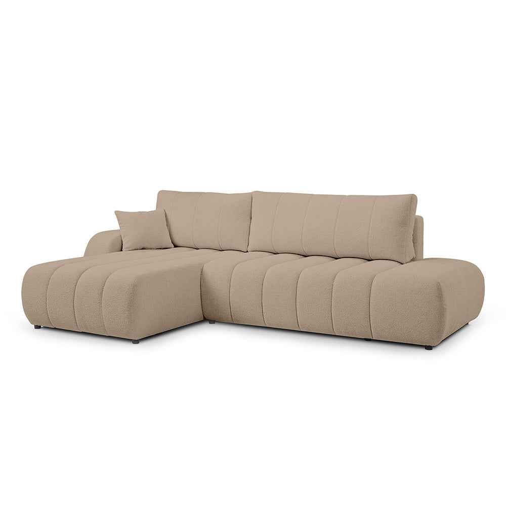 Narożnik z funkcją spania DL 276 cm w stylu nowoczesnym – tkanina Lambi, dekoracyjne przeszycia, pojemnik | BALOA Piaskowy Len (LAMBI 05)