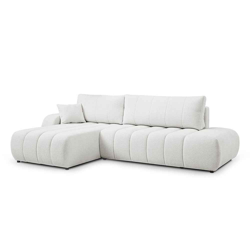 Narożnik z funkcją spania DL 276 cm w stylu nowoczesnym – tkanina Lambi, dekoracyjne przeszycia, pojemnik | BALOA Poranna Mgiełka (LAMBI 07)