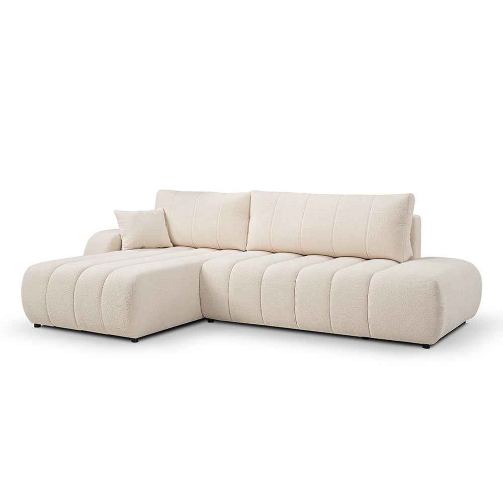 Narożnik z funkcją spania DL 276 cm w stylu nowoczesnym – tkanina Lambi, dekoracyjne przeszycia, pojemnik | BALOA Pudrowa Kość (LAMBI 08)