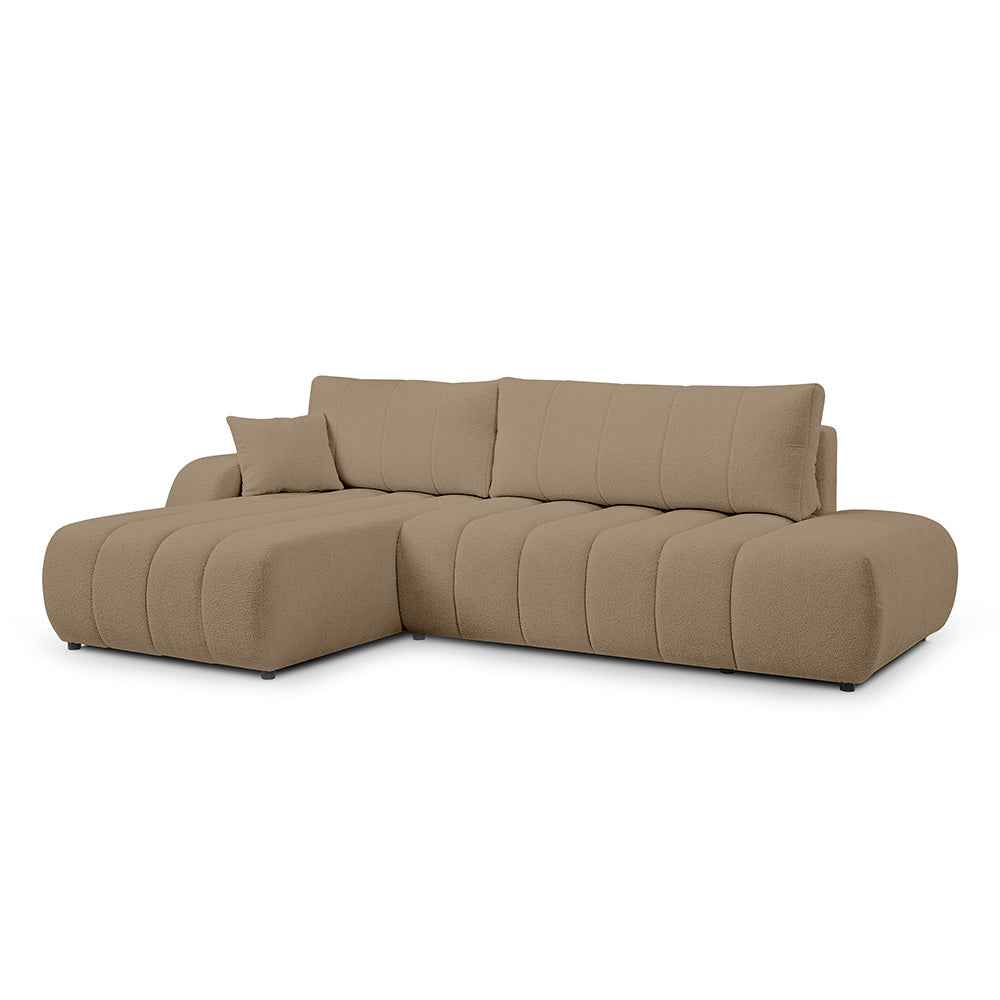 Narożnik z funkcją spania DL 276 cm w stylu nowoczesnym – tkanina Lambi, dekoracyjne przeszycia, pojemnik | BALOA Karmelowe Ziarno (LAMBI 10)