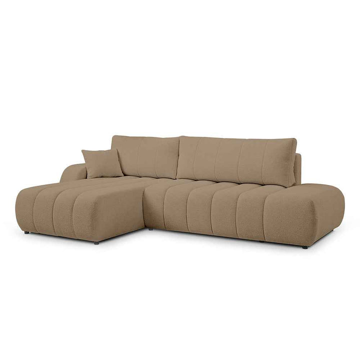 Narożnik z funkcją spania DL 276 cm w stylu nowoczesnym – tkanina Lambi, dekoracyjne przeszycia, pojemnik | BALOA Karmelowe Ziarno (LAMBI 10)