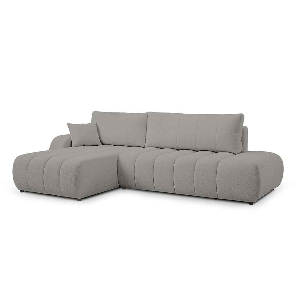 Narożnik z funkcją spania DL 276 cm w stylu nowoczesnym – tkanina Lambi, dekoracyjne przeszycia, pojemnik | BALOA Popielista Poświata (LAMBI 11)