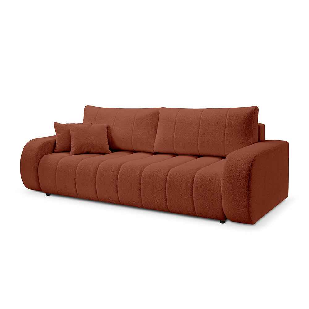 Sofa 3-osobowa z funkcją spania 144x200 w stylu skandynawskim – zaoblona forma, pojemnik, system DL | BALOA Miedziany Blask (LAMBI 14)