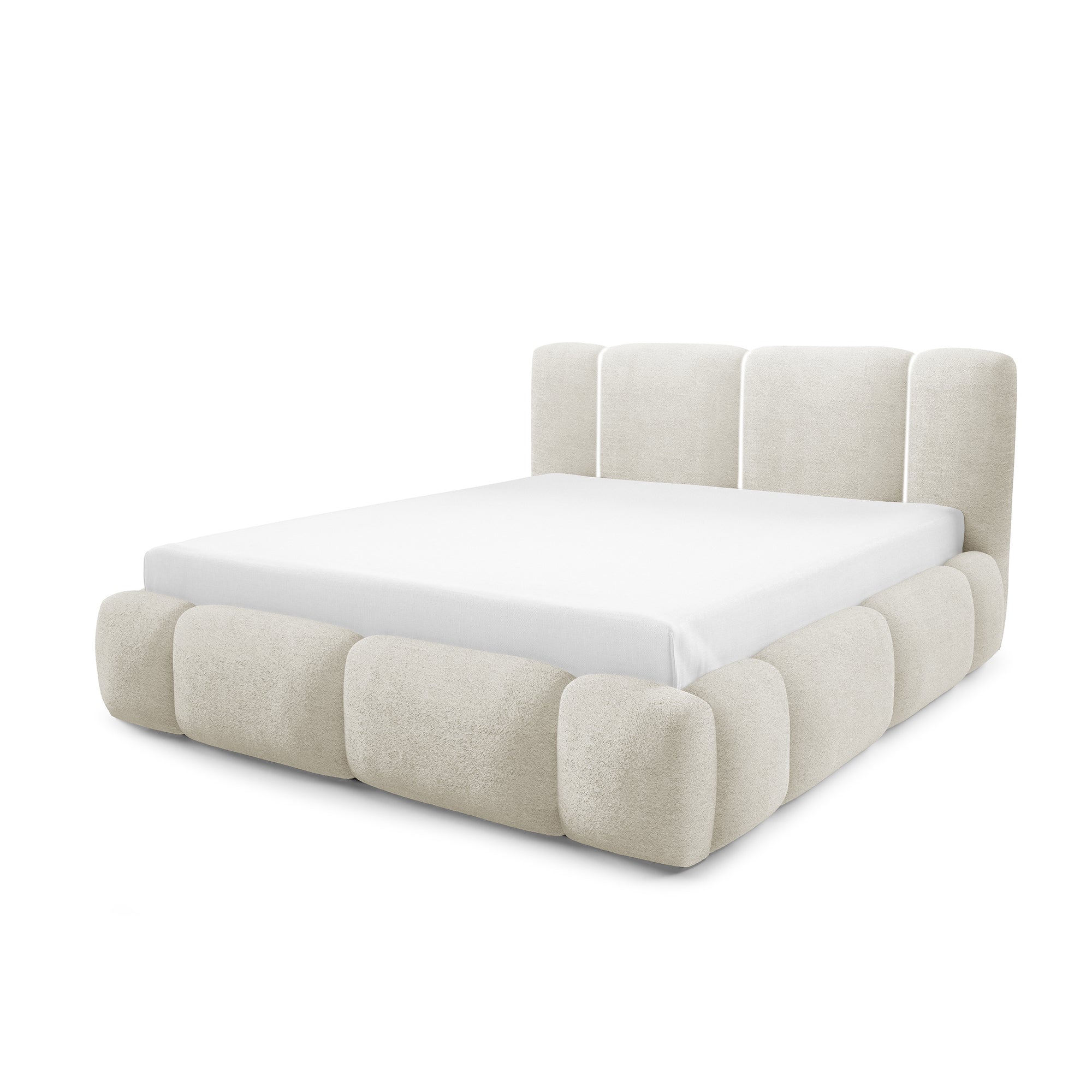 Łóżko tapicerowane z pojemnikiem w różnych rozmiarach w stylu japandi - LED, zagłówek segmentowy | Neria Tak Kość Słoniowa (LAMBI 01)