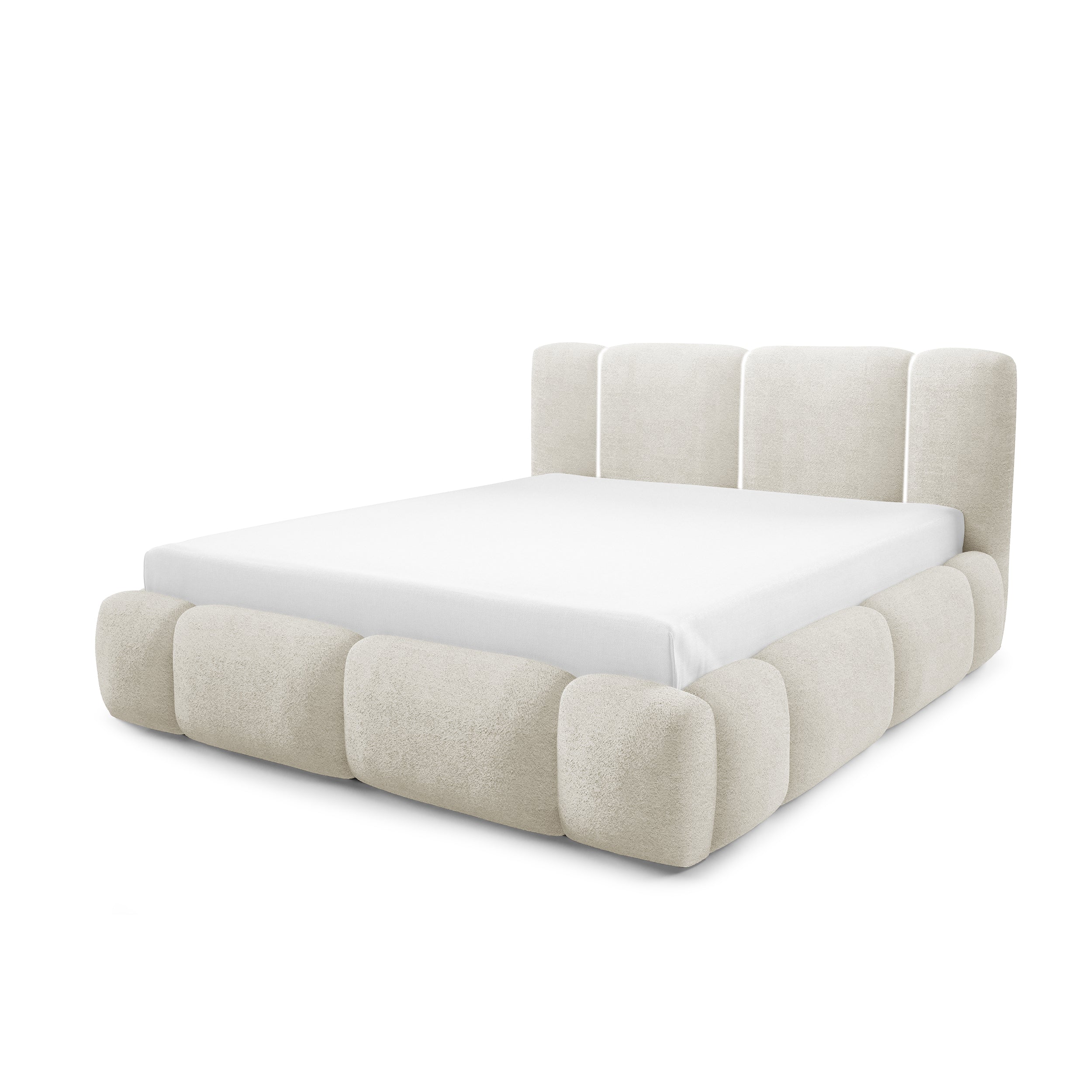 Łóżko tapicerowane z pojemnikiem w różnych rozmiarach w stylu japandi - LED, zagłówek segmentowy | Neria Tak Kość Słoniowa (LAMBI 01)