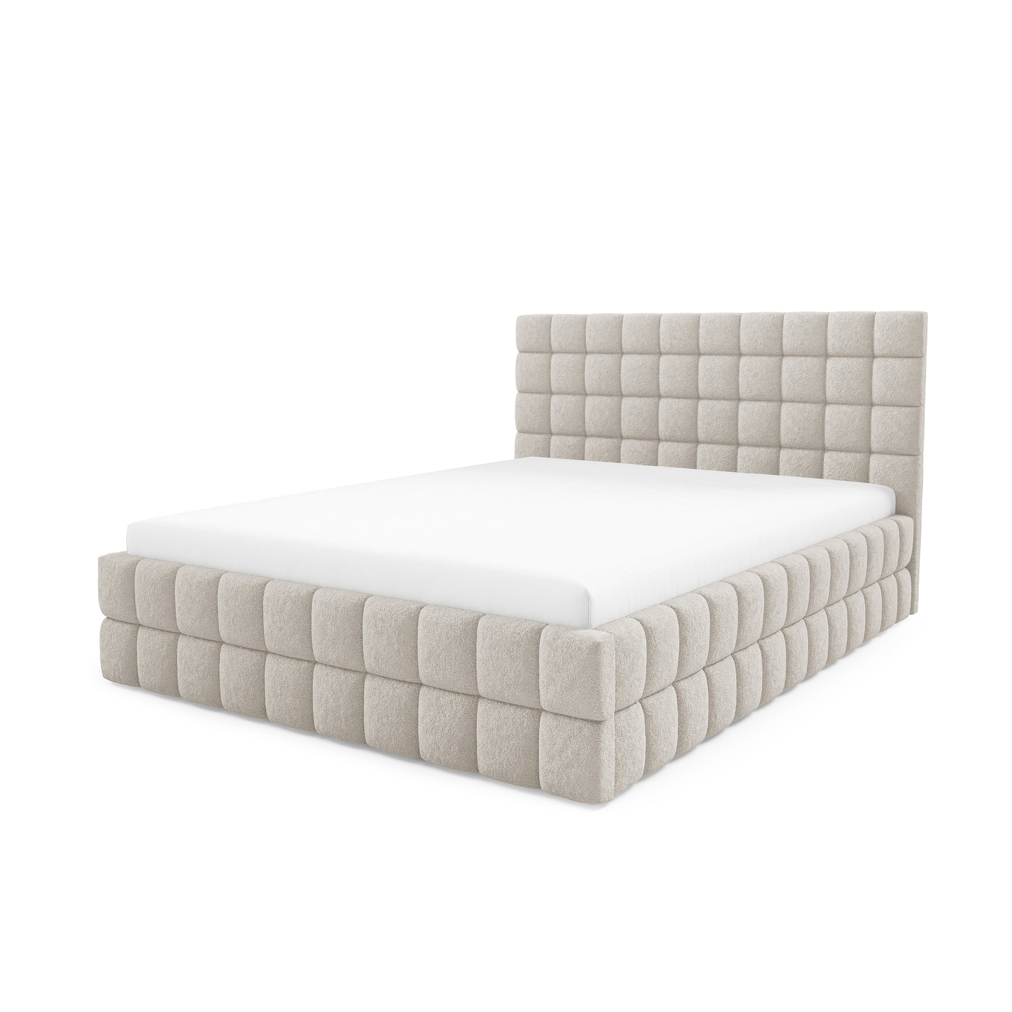 Łóżko tapicerowane z pojemnikiem w różnych rozmiarach w stylu nowoczesnym - tkanina Lambi, pikowany zagłówek | Stratus Piaskowy Len (LAMBI 05)