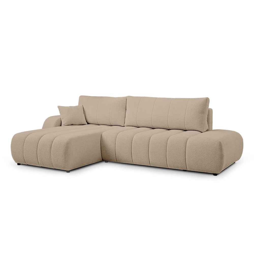 Narożnik z funkcją spania DL 276 cm w stylu nowoczesnym – tkanina Lambi, dekoracyjne przeszycia, pojemnik | BALOA Aksamitny Beż (LAMBI 06)