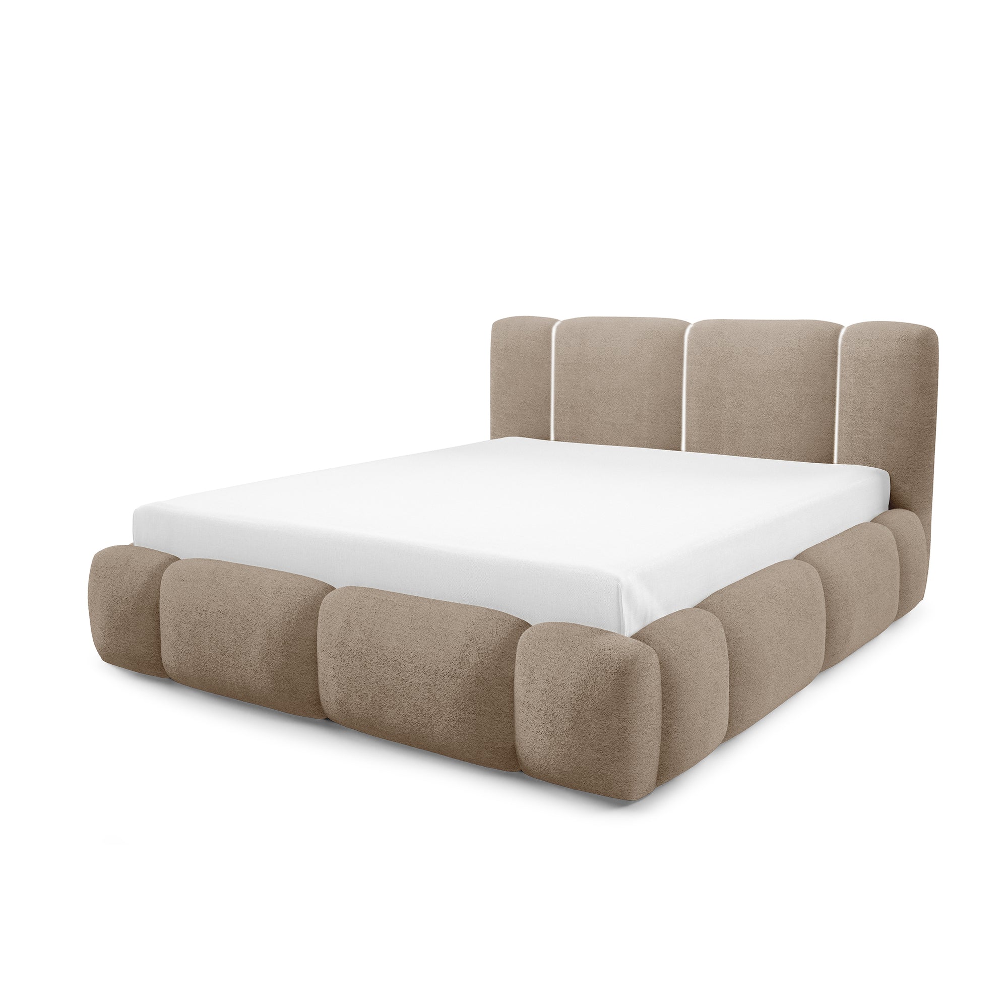Łóżko tapicerowane z pojemnikiem w różnych rozmiarach w stylu japandi - LED, zagłówek segmentowy | Neria Tak Aksamitny Beż (LAMBI 06)