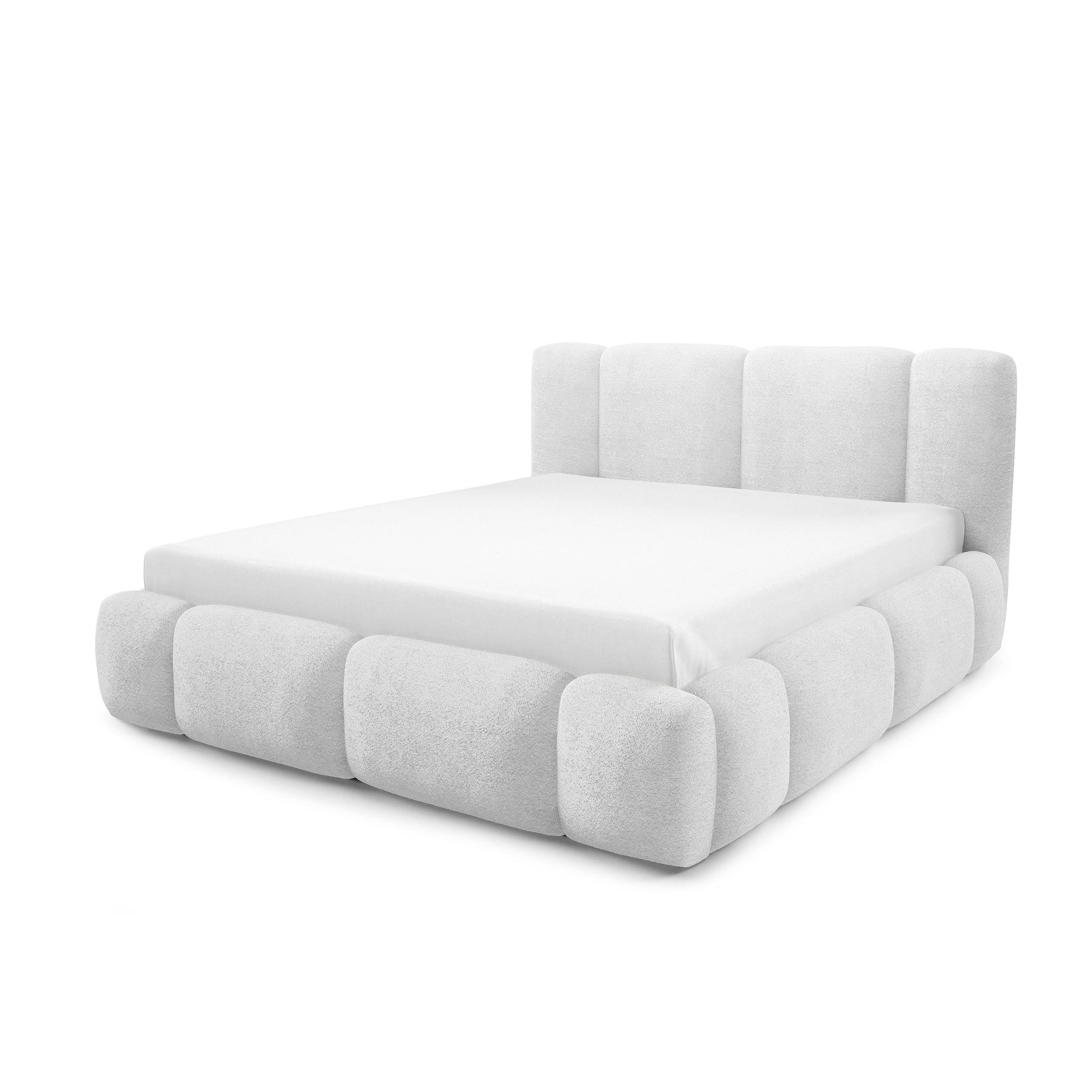 Łóżko tapicerowane z pojemnikiem w różnych rozmiarach w stylu japandi - LED, zagłówek segmentowy | Neria Nie Poranna Mgiełka (LAMBI 07)