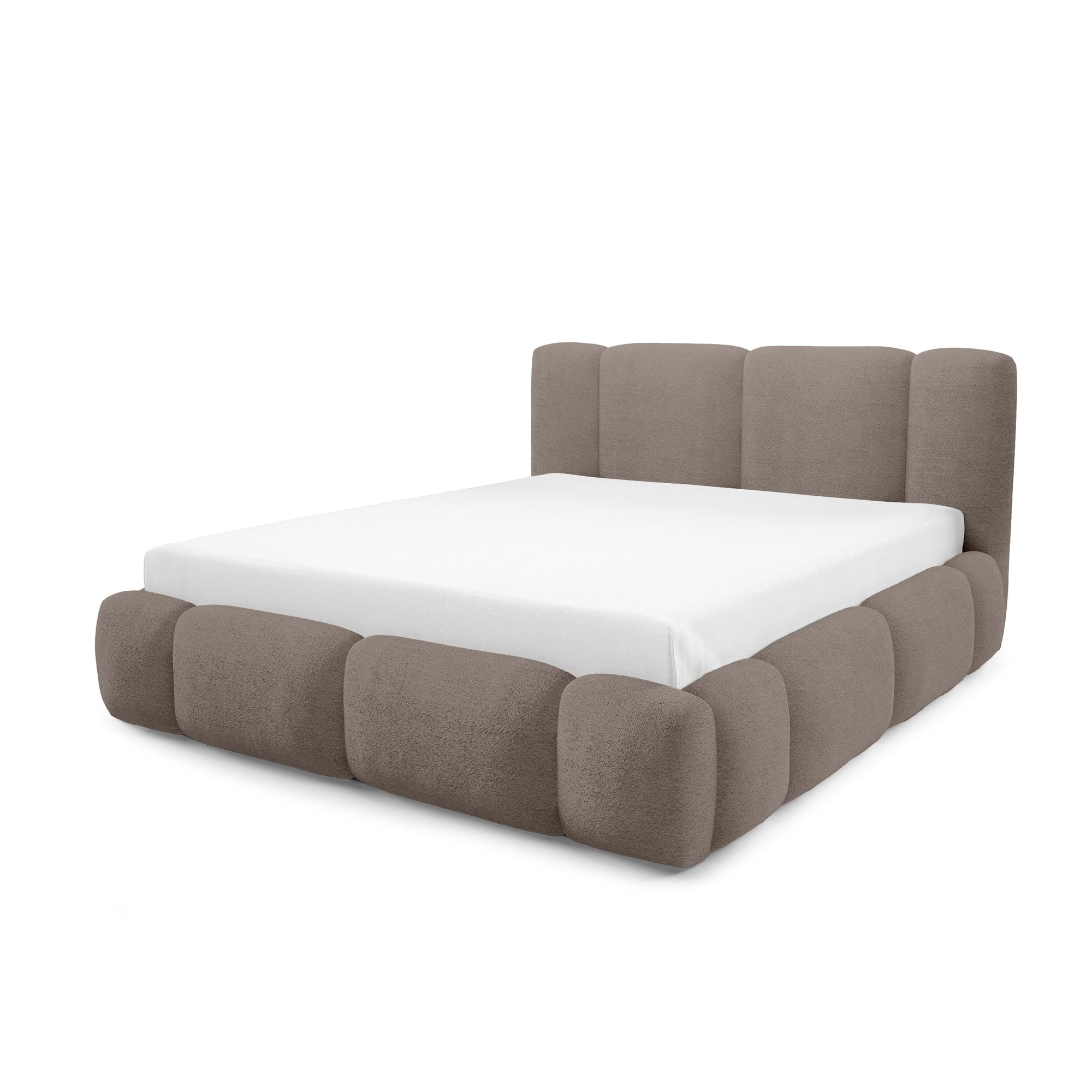 Łóżko tapicerowane z pojemnikiem w różnych rozmiarach w stylu japandi - LED, zagłówek segmentowy | Neria Nie Karmelowe Ziarno (LAMBI 10)