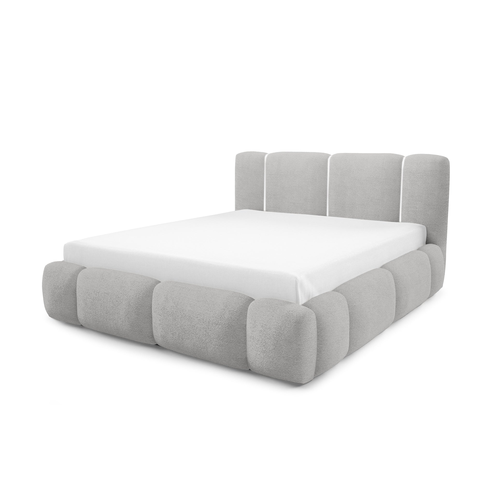 Łóżko tapicerowane z pojemnikiem w różnych rozmiarach w stylu japandi - LED, zagłówek segmentowy | Neria Tak Popielista Poświata (LAMBI 11)