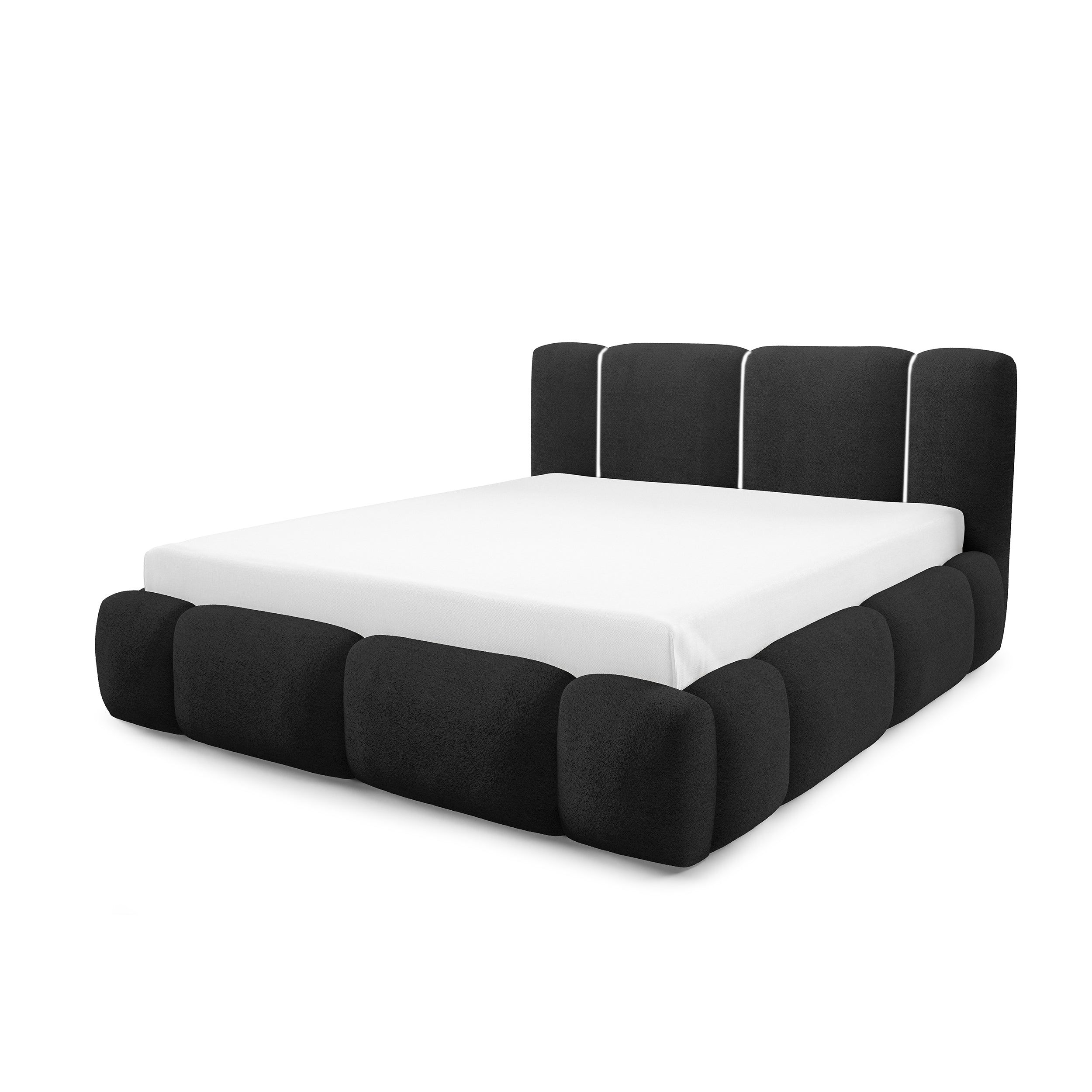 Łóżko tapicerowane z pojemnikiem w różnych rozmiarach w stylu japandi - LED, zagłówek segmentowy | Neria Tak Onyks (LAMBI 13)