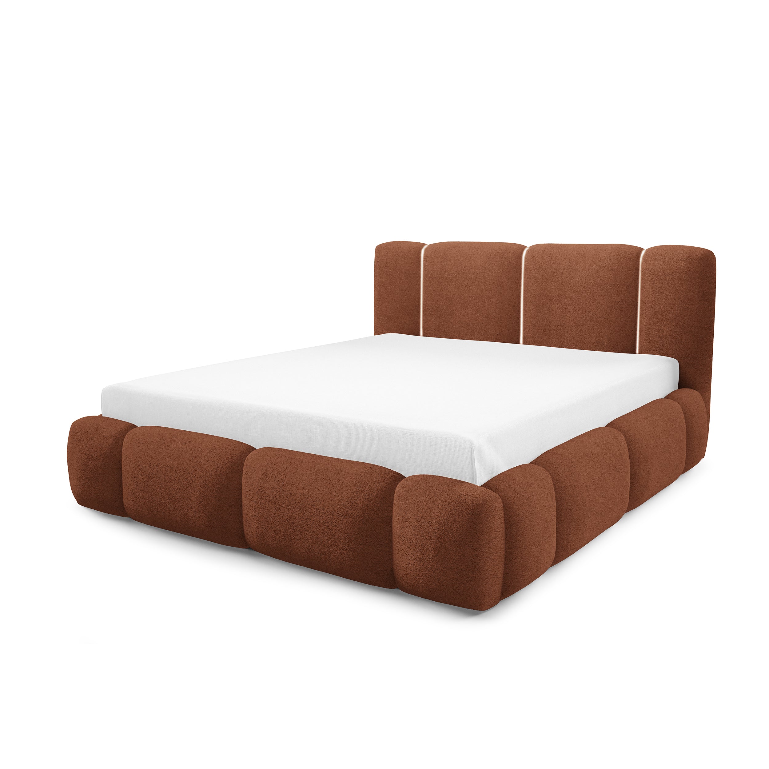 Łóżko tapicerowane z pojemnikiem w różnych rozmiarach w stylu japandi - LED, zagłówek segmentowy | Neria Tak Miedziany Blask (LAMBI 14)