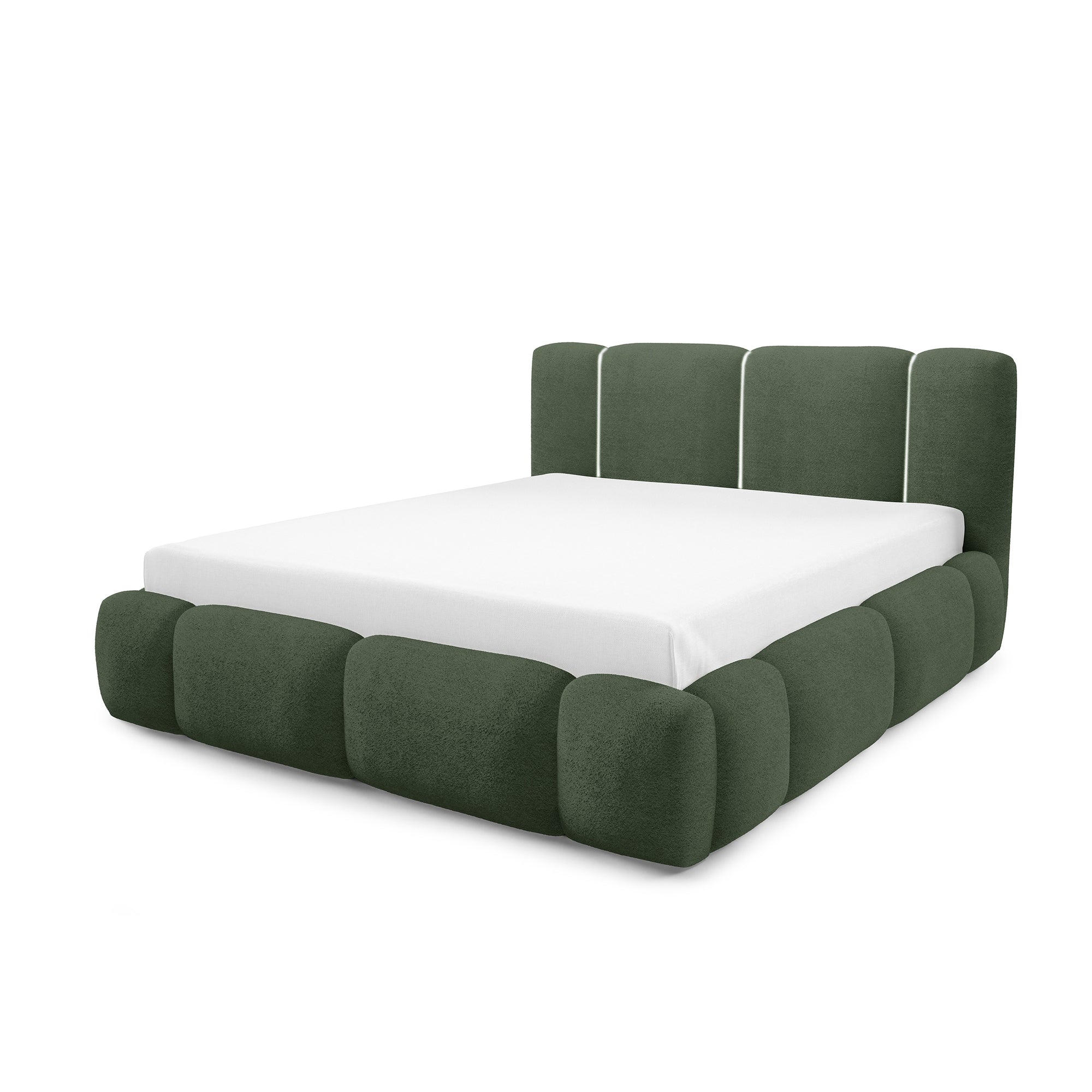 Łóżko tapicerowane z pojemnikiem w różnych rozmiarach w stylu japandi - LED, zagłówek segmentowy | Neria Tak Leśna Oliwka (LAMBI 15)