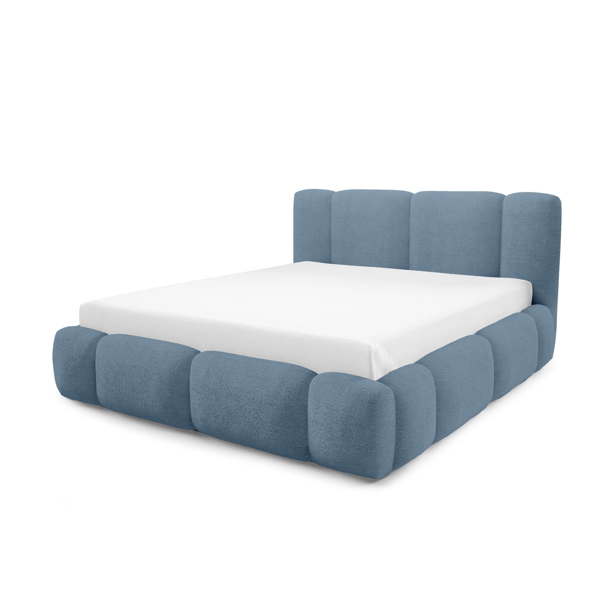 Łóżko tapicerowane z pojemnikiem w różnych rozmiarach w stylu japandi - LED, zagłówek segmentowy | Neria Nie Szarobłękitny Poranek (LAMBI 16)
